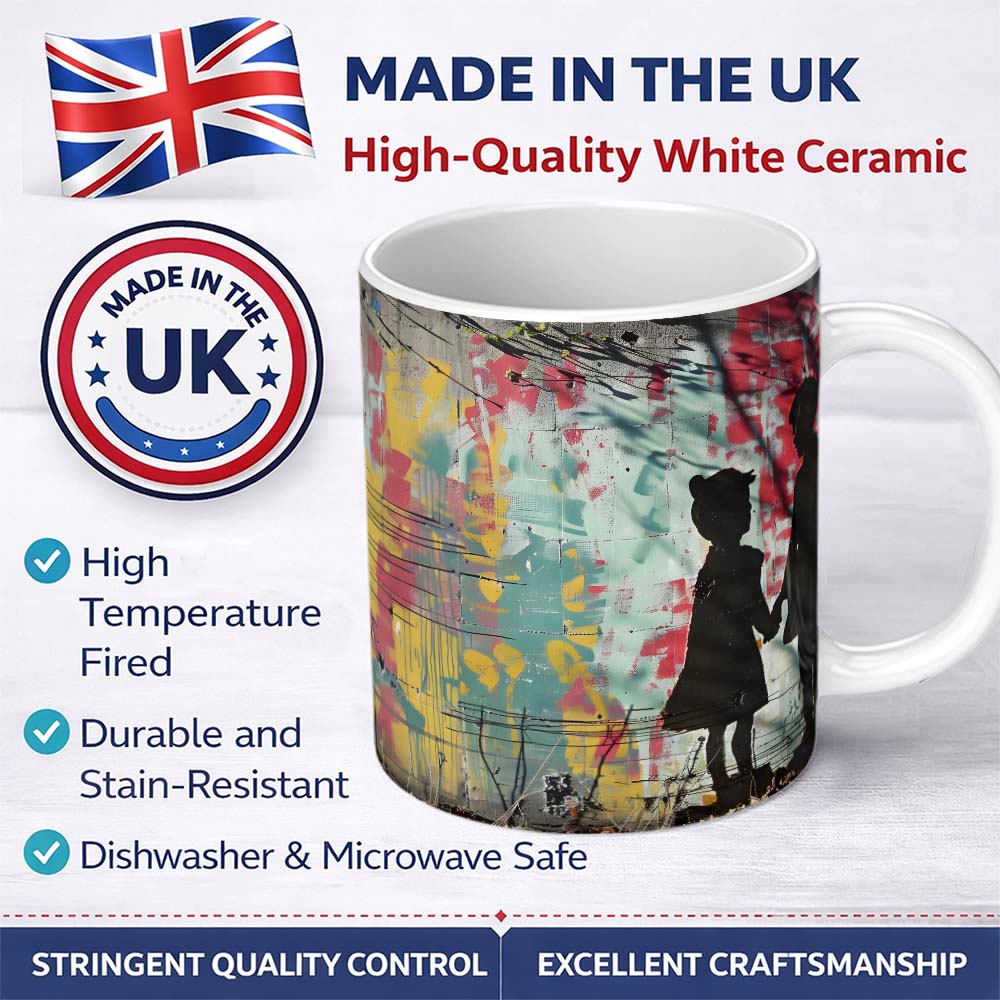Children Holding Hands Colourful Graffiti Silhouette 11oz Ceramic Coffee Tea Mug White Large Handle