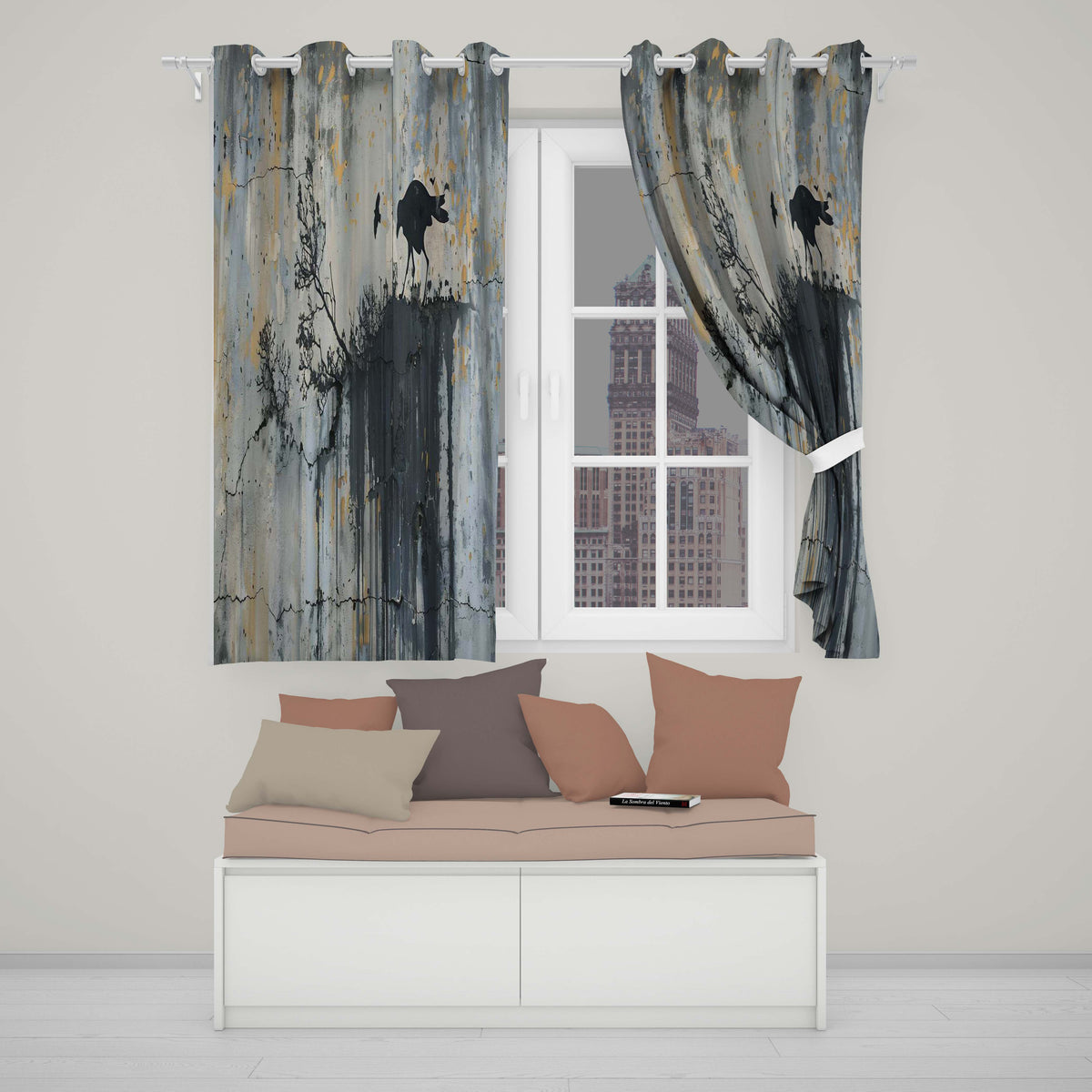 Minimalist Black Crow on Weathered Concrete Wall Unique Artwork for Bedroom Decor Readymade Eyelet Ring Top Thermal 100% Blackout Curtains