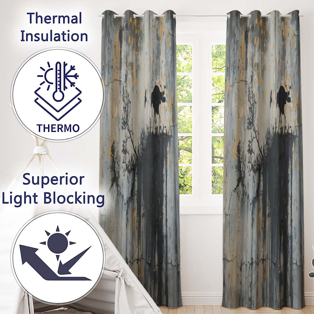 Minimalist Black Crow on Weathered Concrete Wall Unique Artwork for Bedroom Decor Readymade Eyelet Ring Top Thermal 100% Blackout Curtains