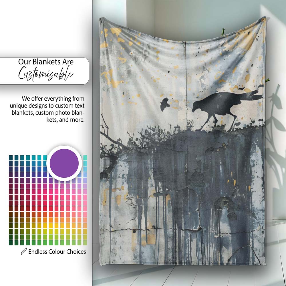 Minimalist Black Crow on Weathered Concrete Wall, All Season Comfort, Gift for Adults and Teens - Super Soft Fleece Blanket Bed Sofa Throw