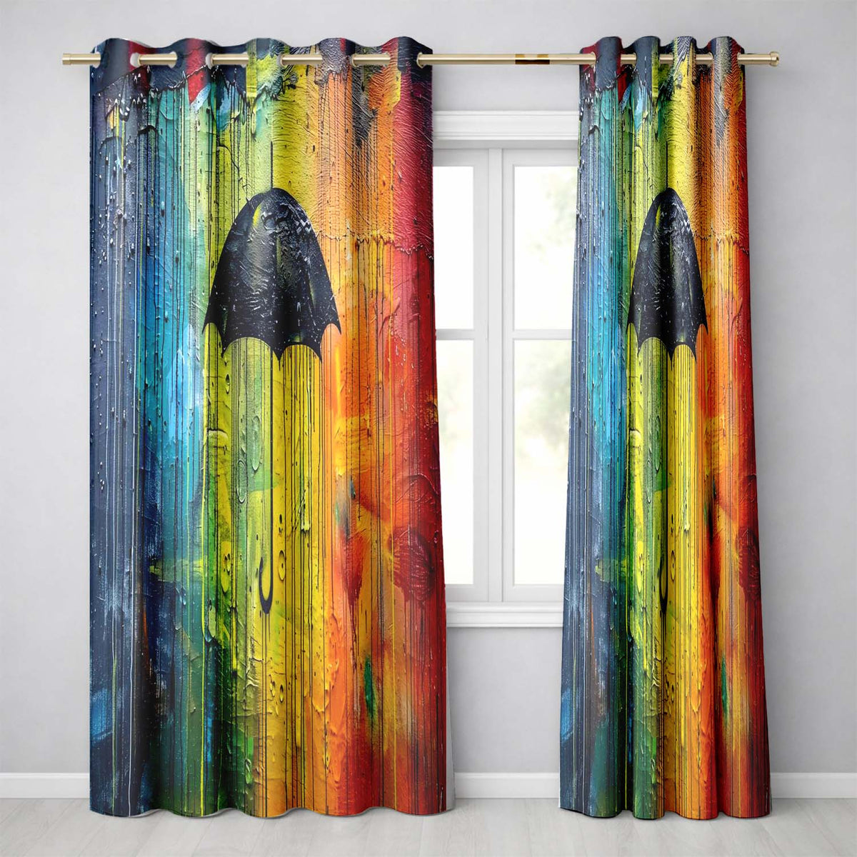Black Umbrella on Vibrant Rainbow Abstract Background Elegant Wall Art Home Decor Readymade Eyelet Ring Top Thermal 100% Blackout Curtains