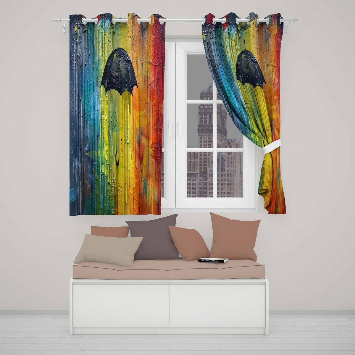 Black Umbrella on Vibrant Rainbow Abstract Background Elegant Wall Art Home Decor Readymade Eyelet Ring Top Thermal 100% Blackout Curtains