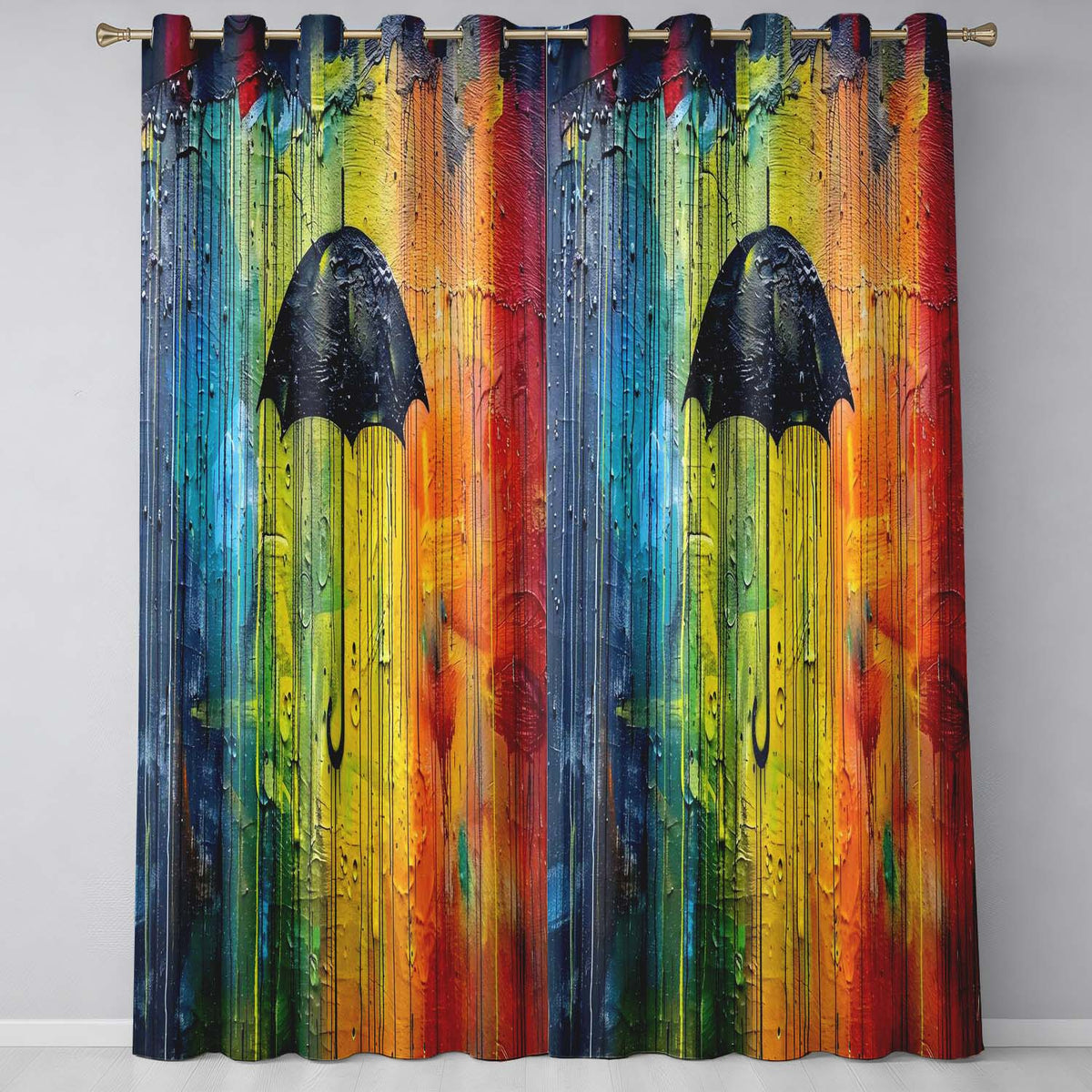 Black Umbrella on Vibrant Rainbow Abstract Background Elegant Wall Art Home Decor Readymade Eyelet Ring Top Thermal 100% Blackout Curtains