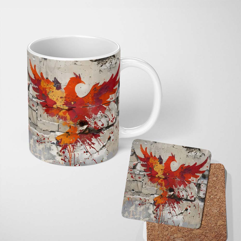 Red Phoenix Rising From Cracked Wall Street Art 11oz Ceramic Coffee Tea Mug White Large Handle