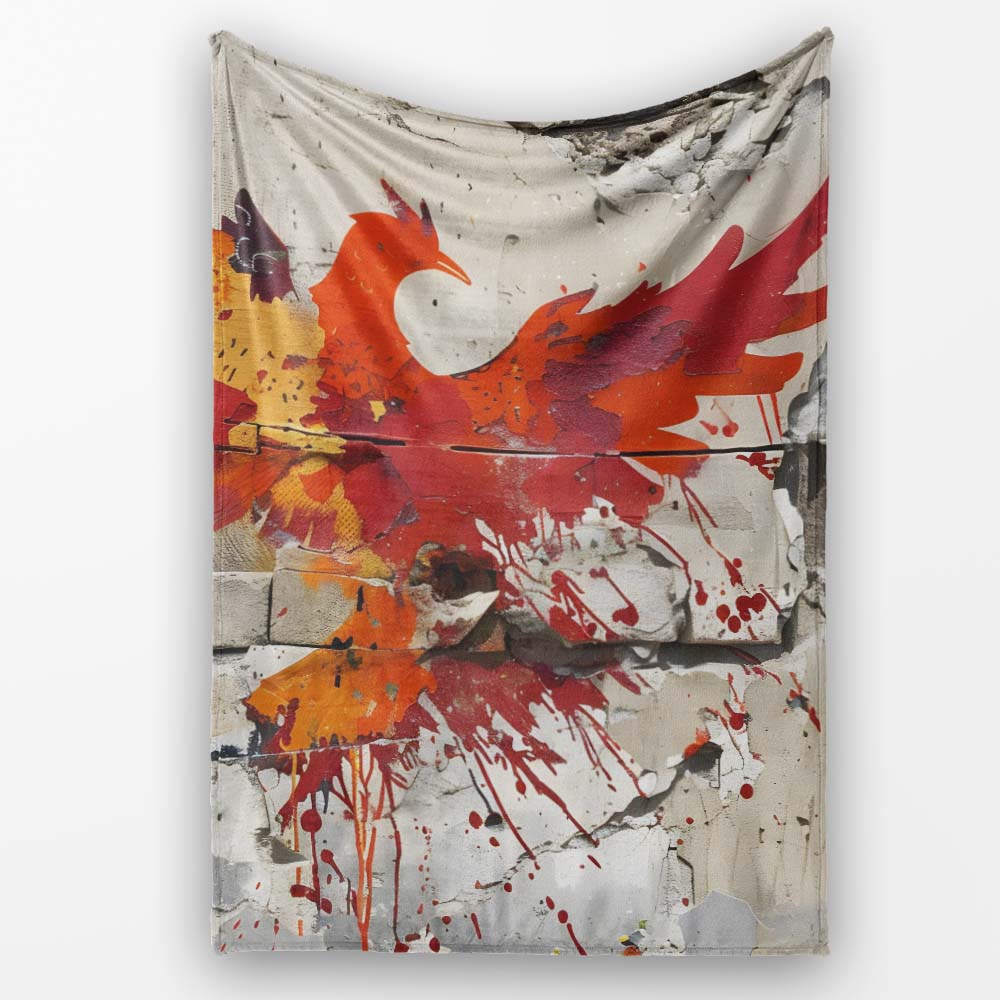 Red Phoenix Rising From Cracked Wall Street Art, Bedroom Living Room Accent, All Season Comfort - Super Soft Fleece Blanket Bed Sofa Throw