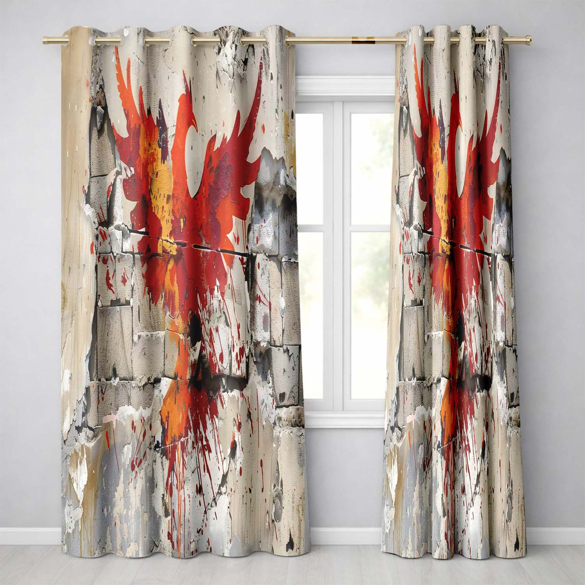 Red Phoenix Rising From Cracked Wall Street Art Vibrant Artwork for Bedroom Decor Readymade Eyelet Ring Top Thermal 100% Blackout Curtains