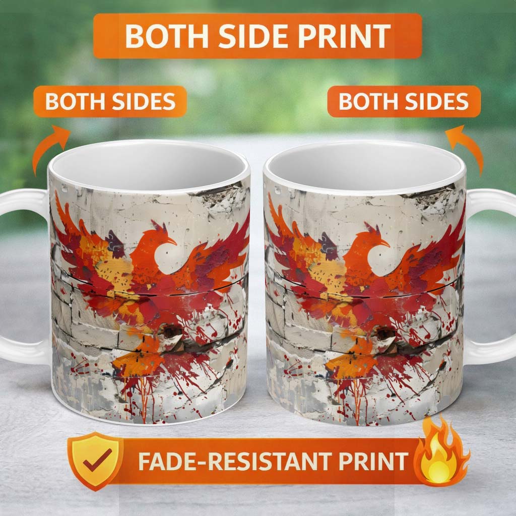 Red Phoenix Rising From Cracked Wall Street Art 11oz Ceramic Coffee Tea Mug White Large Handle