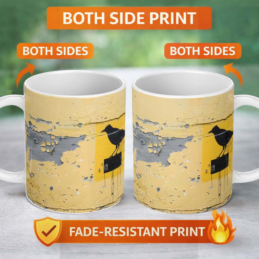 Black Crow Perched on Yellow Utility Box Street Art 11oz Ceramic Coffee Tea Mug White Large Handle