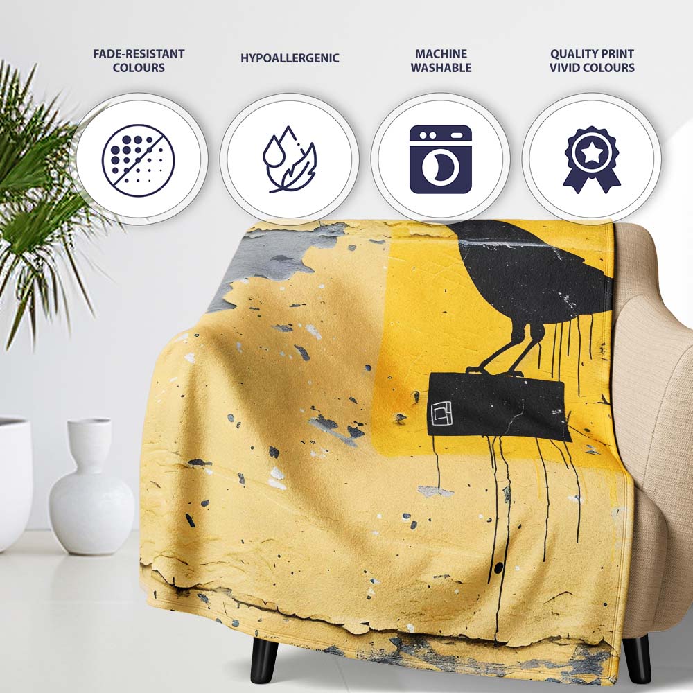 Black Crow Perched on Yellow Utility Box Street Art, All Season Comfort, Modern Interior Accent - Super Soft Fleece Blanket Bed Sofa Throw
