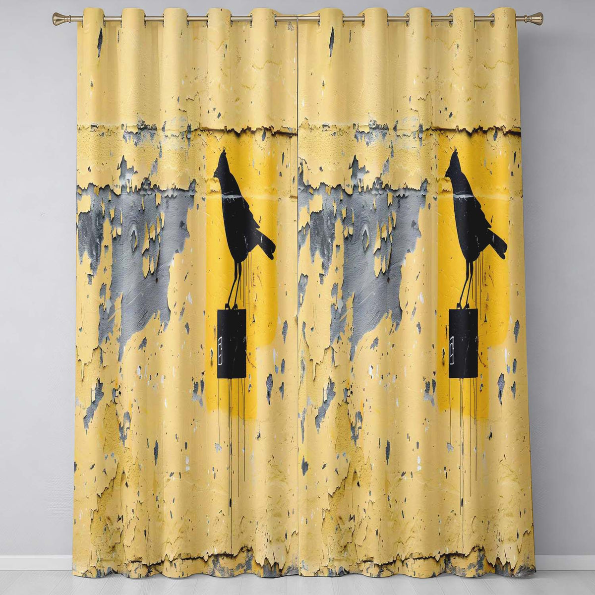 Black Crow Perched on Yellow Utility Box Street Art Elegant Design for Home Decor Readymade Eyelet Ring Top Thermal 100% Blackout Curtains