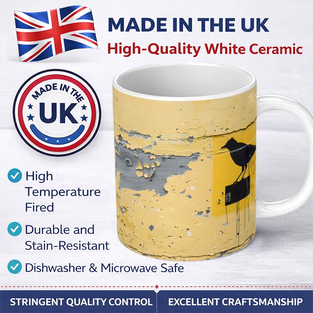 Black Crow Perched on Yellow Utility Box Street Art 11oz Ceramic Coffee Tea Mug White Large Handle