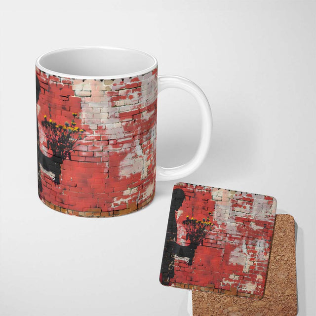 Silhouette Holding Wildflowers Against Red Brick Wall 11oz Ceramic Coffee Tea Mug White Large Handle