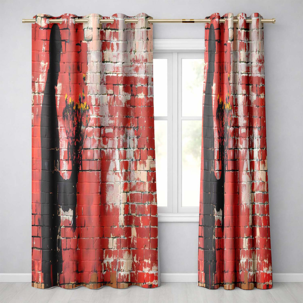 Silhouette Holding Wildflowers Against Red Brick Wall Elegant Wall Art Home Decor Readymade Eyelet Ring Top Thermal 100% Blackout Curtains