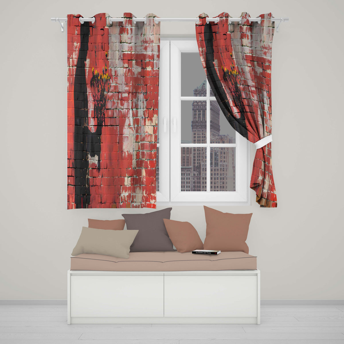 Silhouette Holding Wildflowers Against Red Brick Wall Elegant Wall Art Home Decor Readymade Eyelet Ring Top Thermal 100% Blackout Curtains