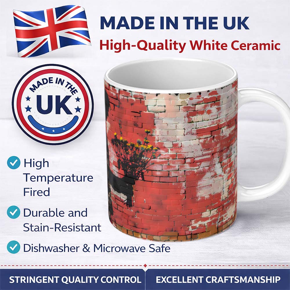 Silhouette Holding Wildflowers Against Red Brick Wall 11oz Ceramic Coffee Tea Mug White Large Handle