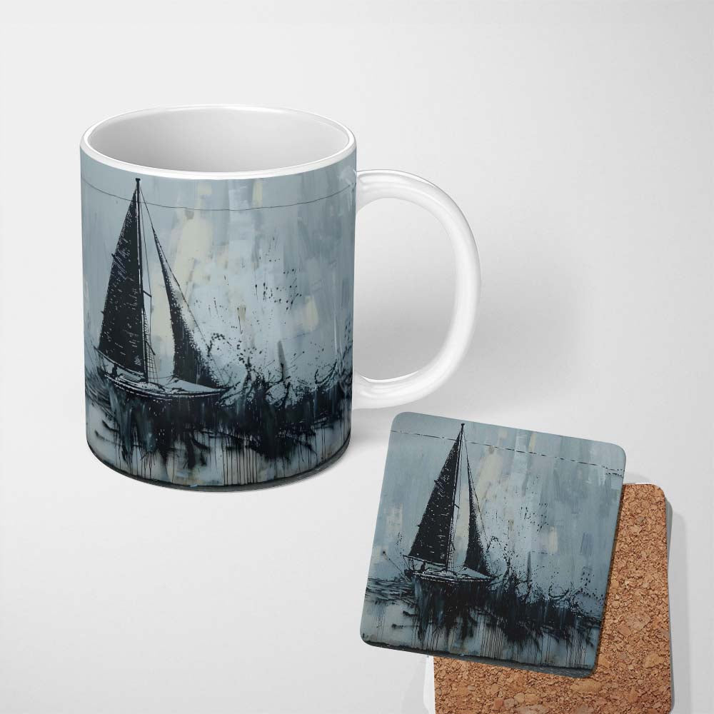 Black Sailing Boat on Pale Blue Abstract Sea 11oz Ceramic Coffee Tea Mug White Large Handle