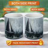 Black Sailing Boat on Pale Blue Abstract Sea 11oz Ceramic Coffee Tea Mug White Large Handle