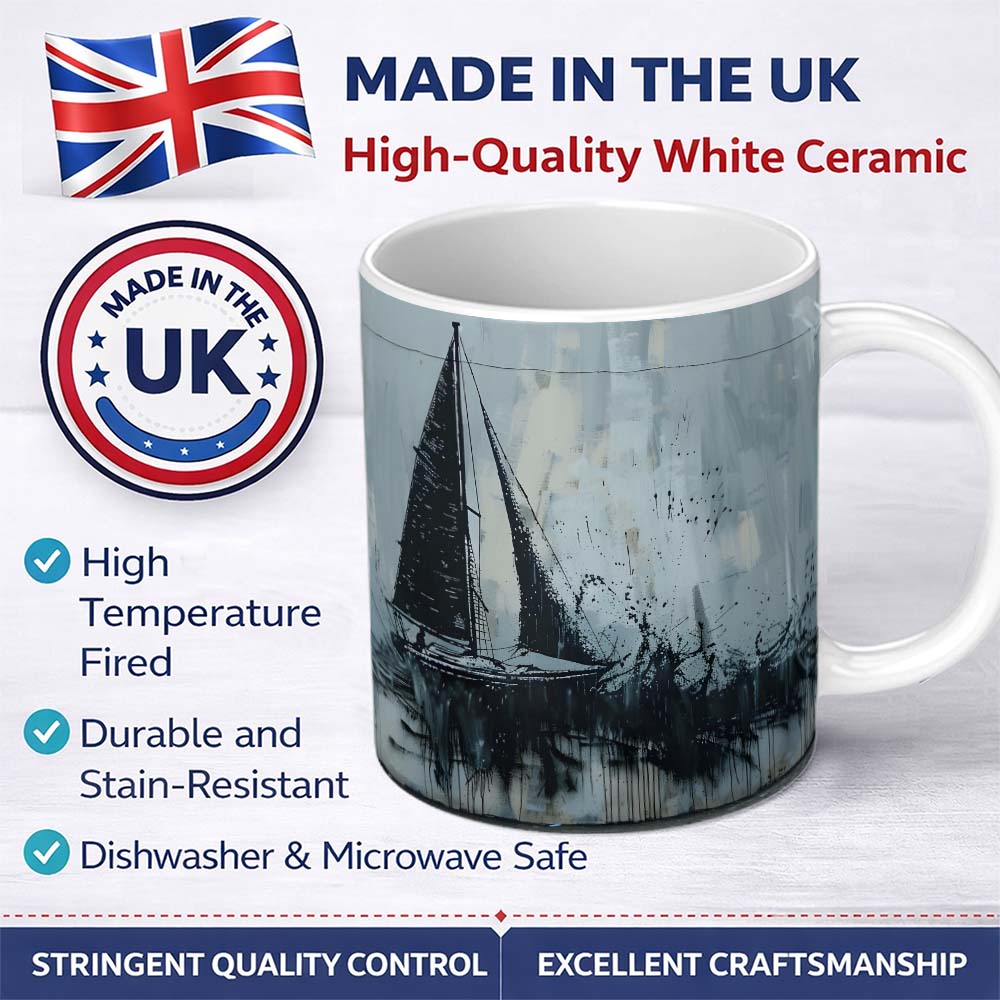 Black Sailing Boat on Pale Blue Abstract Sea 11oz Ceramic Coffee Tea Mug White Large Handle