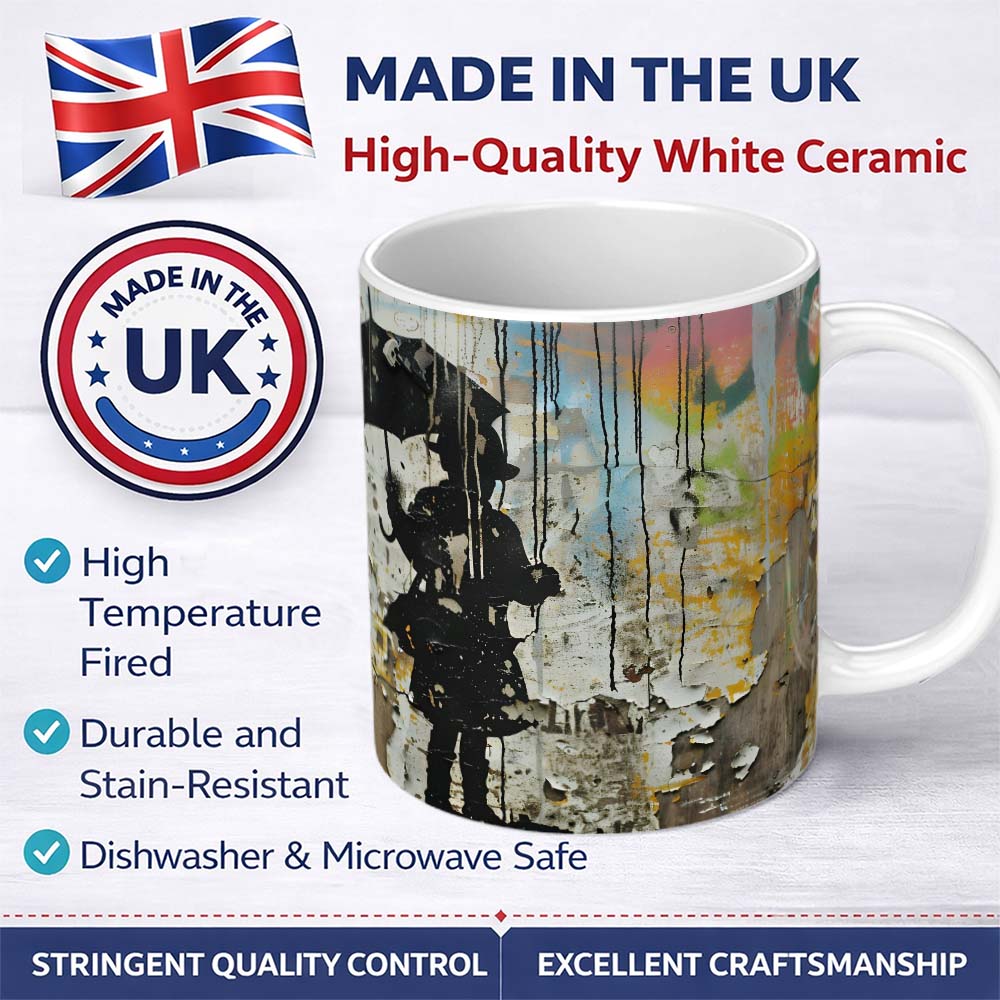 Child Holding Umbrella on Weathered Colourful Wall 11oz Ceramic Coffee Tea Mug White Large Handle