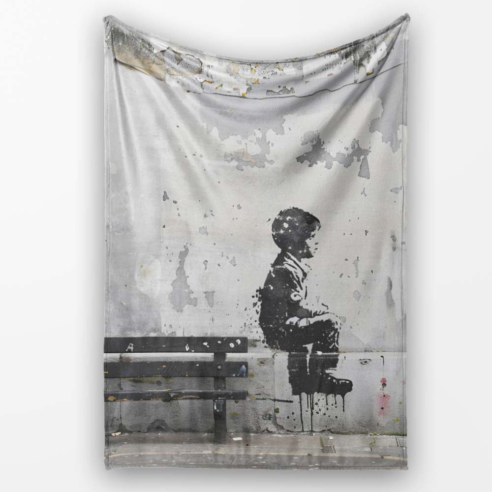 Lonely Child Sitting by Urban Bench Street Art, Lightweight Warm Gift, Comfortable Everyday Use - Super Soft Fleece Blanket Bed Sofa Throw