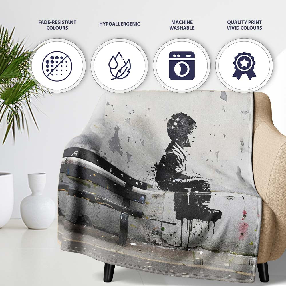 Lonely Child Sitting by Urban Bench Street Art, Lightweight Warm Gift, Comfortable Everyday Use - Super Soft Fleece Blanket Bed Sofa Throw