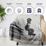 Lonely Child Sitting by Urban Bench Street Art, Lightweight Warm Gift, Comfortable Everyday Use - Super Soft Fleece Blanket Bed Sofa Throw