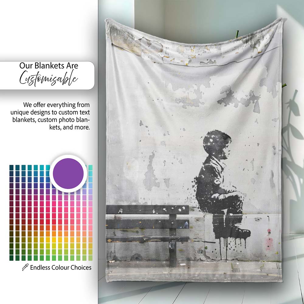 Lonely Child Sitting by Urban Bench Street Art, Lightweight Warm Gift, Comfortable Everyday Use - Super Soft Fleece Blanket Bed Sofa Throw