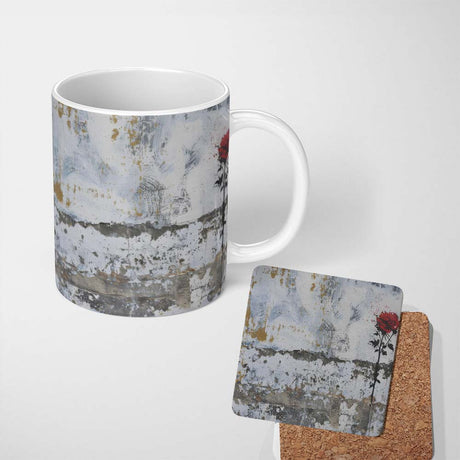 Single Red Rose on Distressed White Wall 11oz Ceramic Coffee Tea Mug White Large Handle