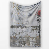 Single Red Rose on Distressed White Wall, Bedroom Living Room Accent, Gift for Adults and Teens - Super Soft Fleece Blanket Bed Sofa Throw