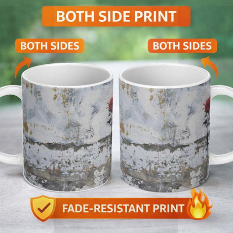 Single Red Rose on Distressed White Wall 11oz Ceramic Coffee Tea Mug White Large Handle