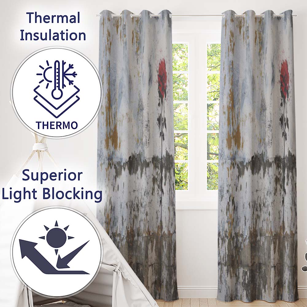Single Red Rose on Distressed White Wall Artistic Creative Artwork for Home Decor Readymade Eyelet Ring Top Thermal 100% Blackout Curtains
