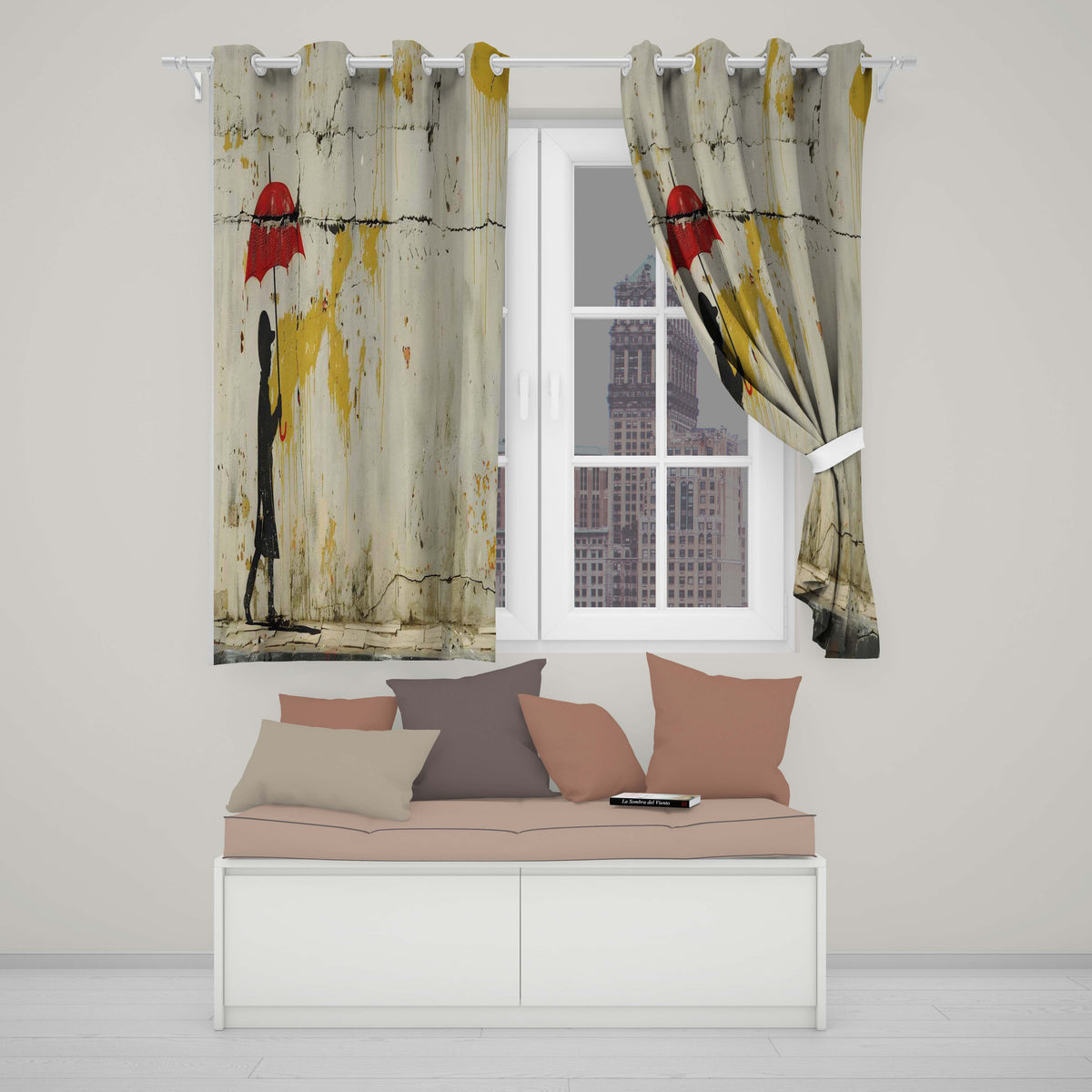 Child Walking with Red Umbrella Street Art Timeless Artwork for Living Room Decor Readymade Eyelet Ring Top Thermal 100% Blackout Curtains