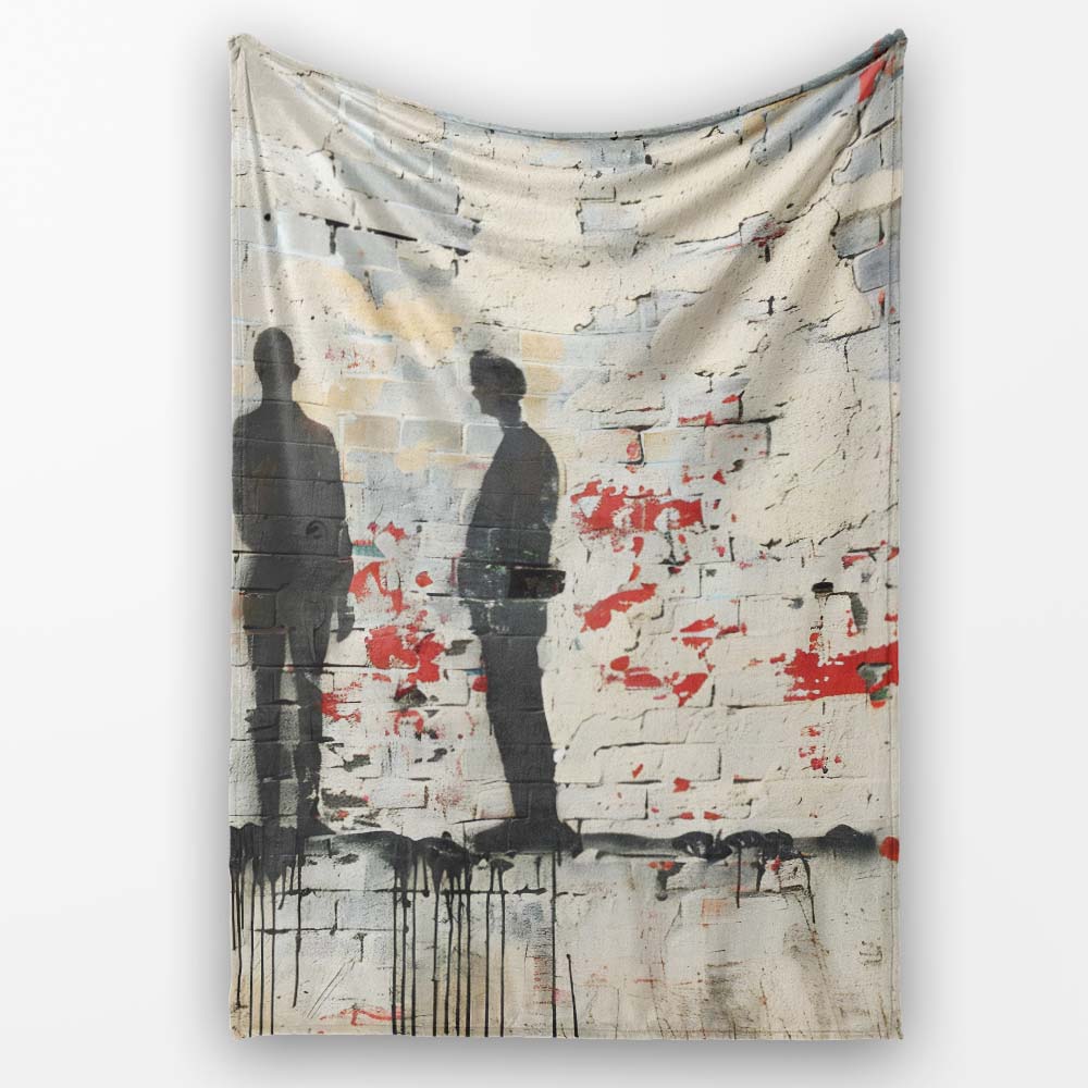 Three Shadow Figures on White Brick Graffiti Wall, All Season Comfort, Comfortable Everyday Use - Super Soft Fleece Blanket Bed Sofa Throw