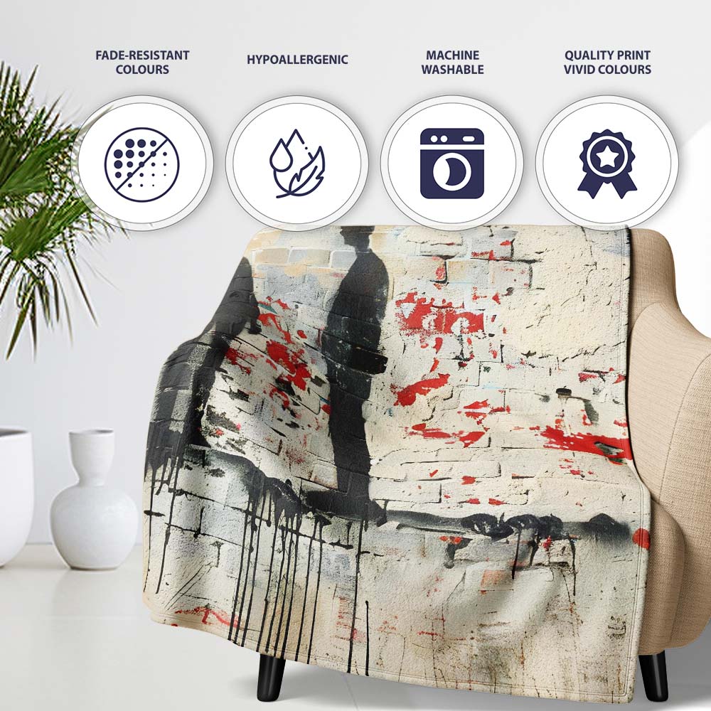 Three Shadow Figures on White Brick Graffiti Wall, All Season Comfort, Comfortable Everyday Use - Super Soft Fleece Blanket Bed Sofa Throw