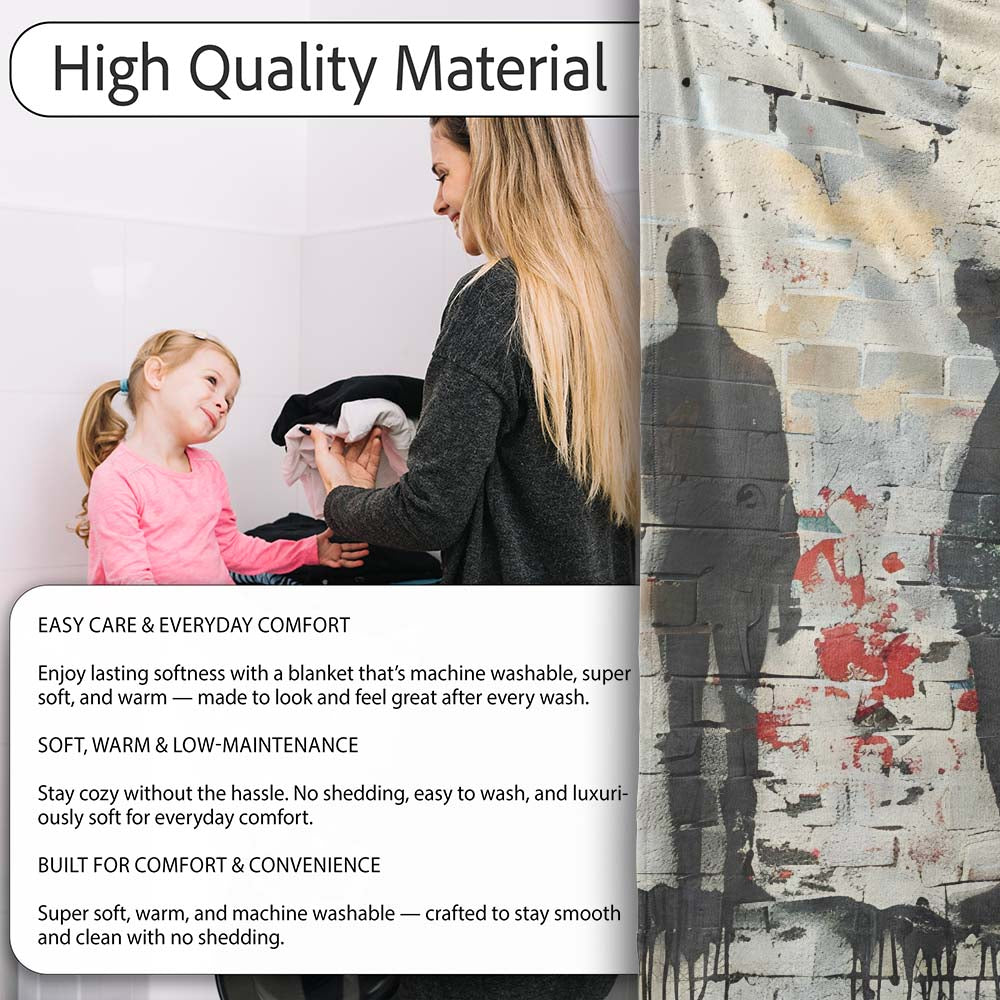 Three Shadow Figures on White Brick Graffiti Wall, All Season Comfort, Comfortable Everyday Use - Super Soft Fleece Blanket Bed Sofa Throw