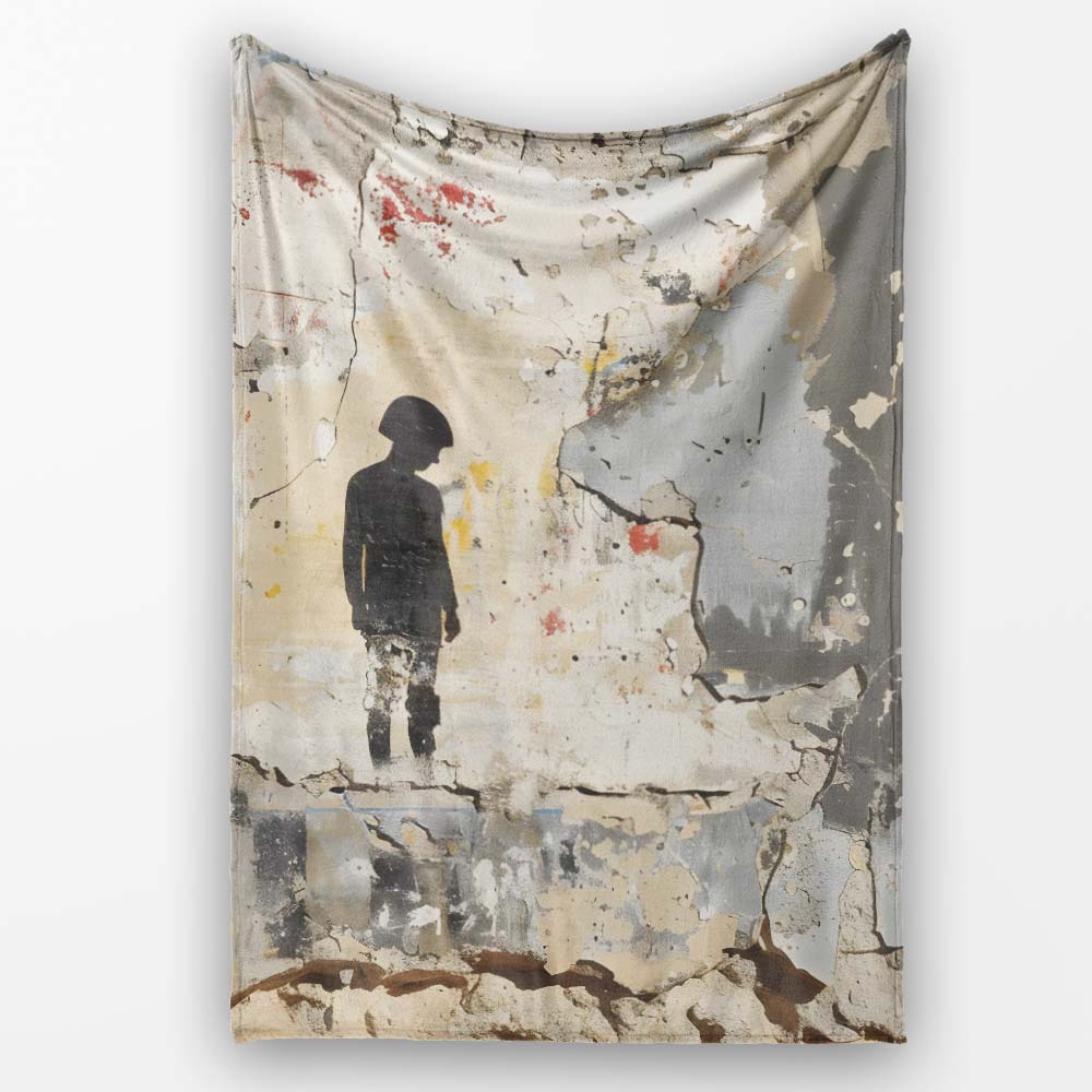 Lonely Child Silhouette on Distressed Cream Wall, All Season Comfort, Gift for Adults and Teens - Super Soft Fleece Blanket Bed Sofa Throw