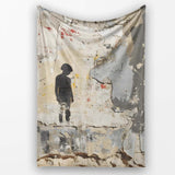 Lonely Child Silhouette on Distressed Cream Wall, All Season Comfort, Gift for Adults and Teens - Super Soft Fleece Blanket Bed Sofa Throw