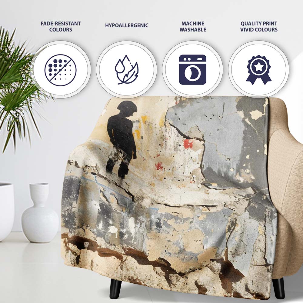 Lonely Child Silhouette on Distressed Cream Wall, All Season Comfort, Gift for Adults and Teens - Super Soft Fleece Blanket Bed Sofa Throw