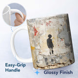 Lonely Child Silhouette on Distressed Cream Wall 11oz Ceramic Coffee Tea Mug White Large Handle