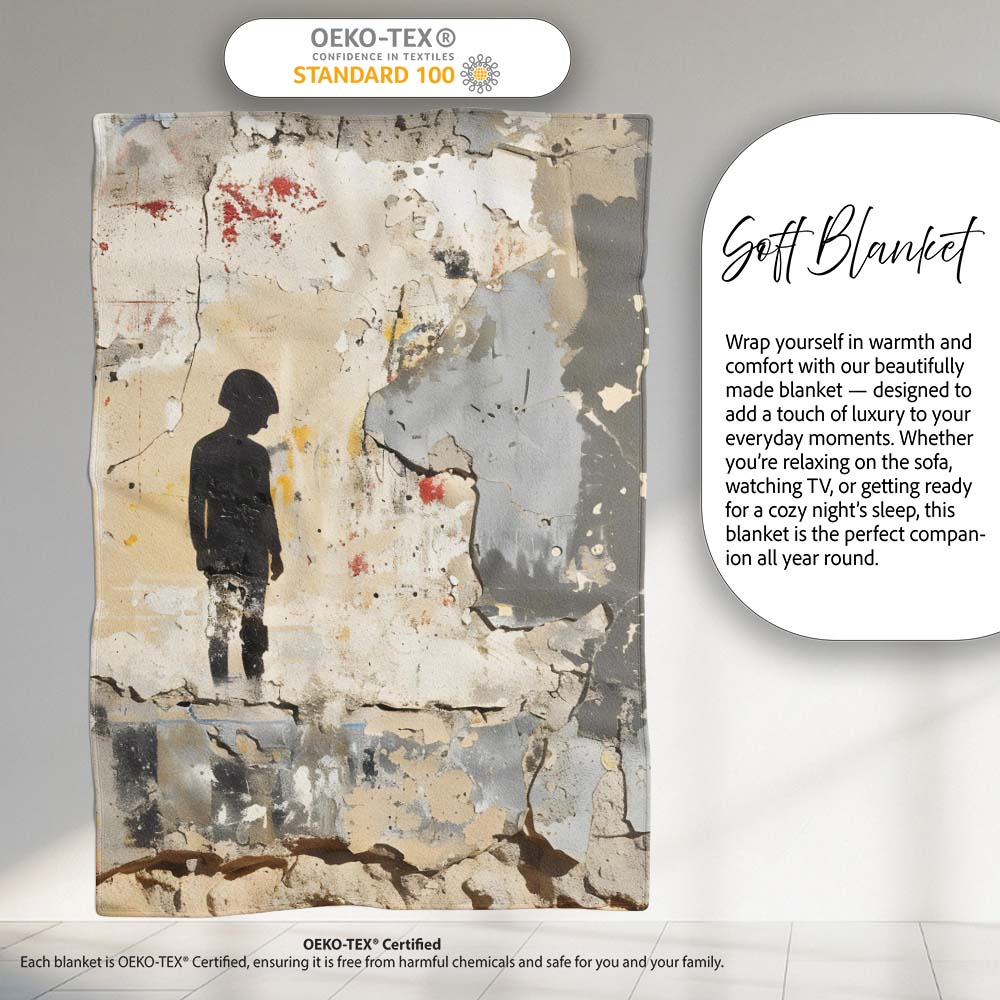 Lonely Child Silhouette on Distressed Cream Wall, All Season Comfort, Gift for Adults and Teens - Super Soft Fleece Blanket Bed Sofa Throw