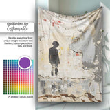 Lonely Child Silhouette on Distressed Cream Wall, All Season Comfort, Gift for Adults and Teens - Super Soft Fleece Blanket Bed Sofa Throw