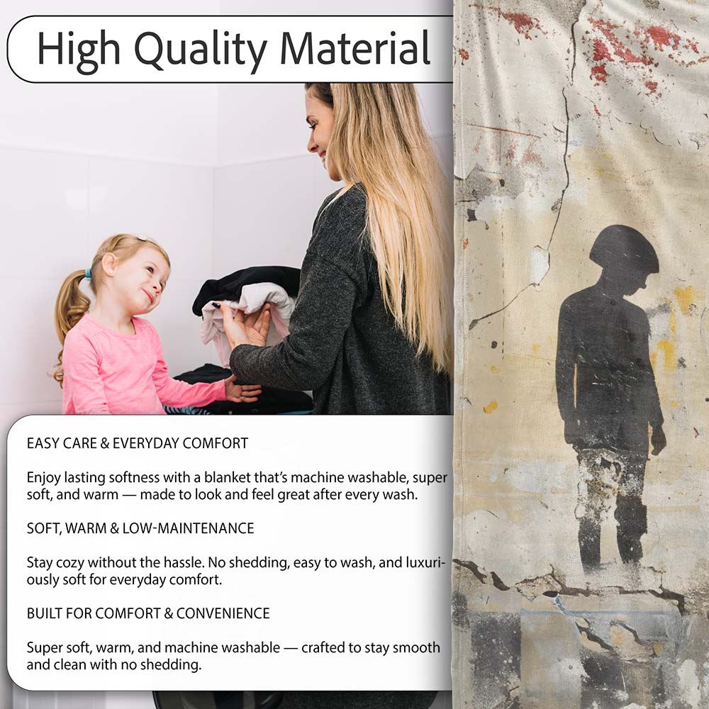 Lonely Child Silhouette on Distressed Cream Wall, All Season Comfort, Gift for Adults and Teens - Super Soft Fleece Blanket Bed Sofa Throw