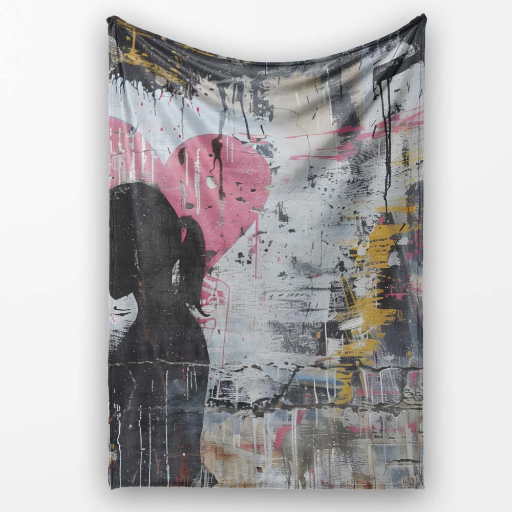 Two Girls with Pink Heart Urban Graffiti, Bedroom Living Room Accent, Decorative Wall Art Style - Super Soft Fleece Blanket Bed Sofa Throw