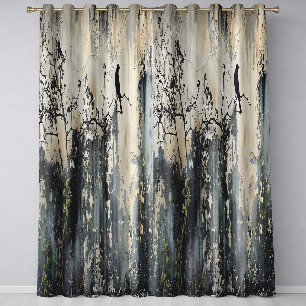 Bird on Bare Branch Grey Urban Graffiti Distinctive Artwork for Living Room Decor Readymade Eyelet Ring Top Thermal 100% Blackout Curtains
