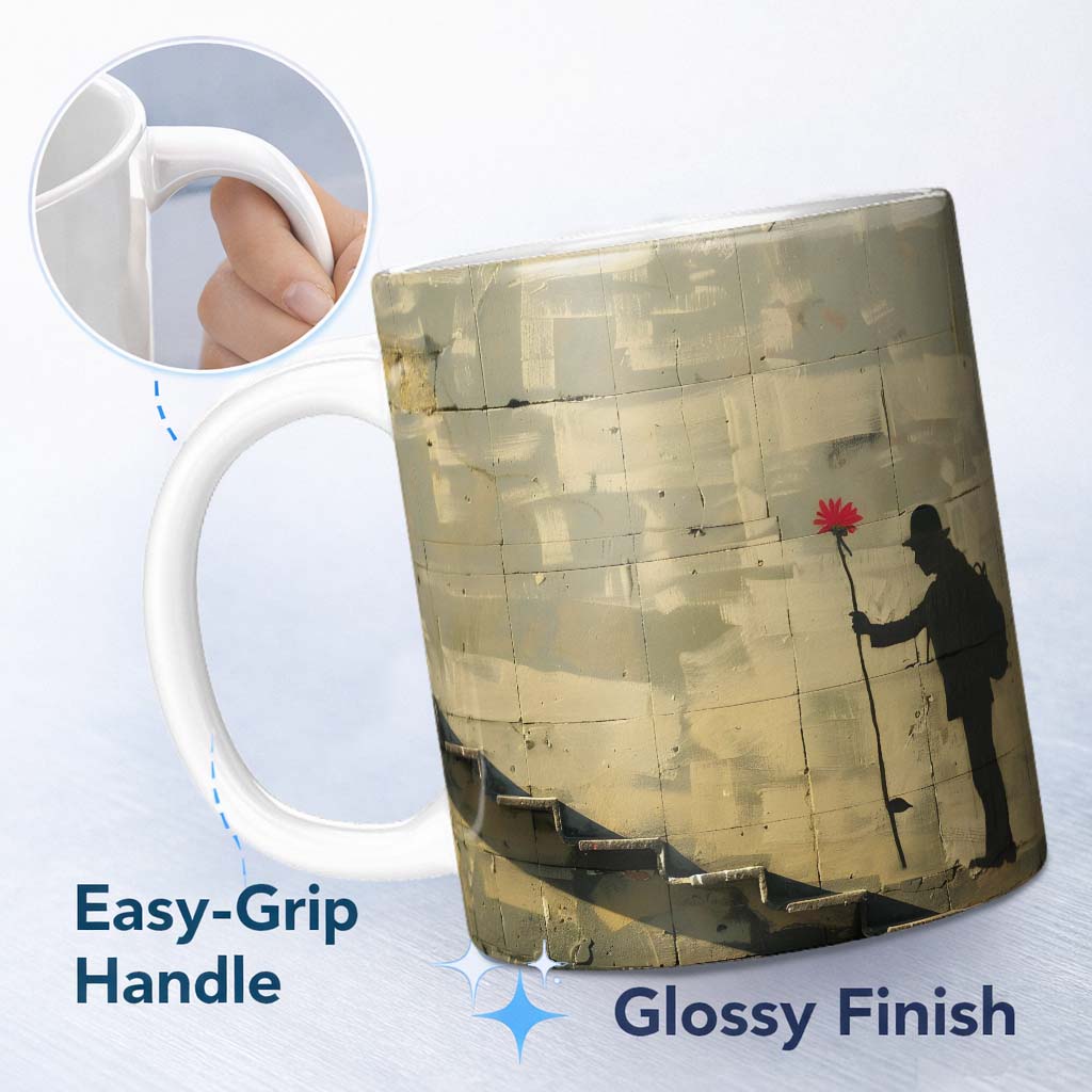 Traveller Holding Red Flower Beside Stairs 11oz Ceramic Coffee Tea Mug White Large Handle