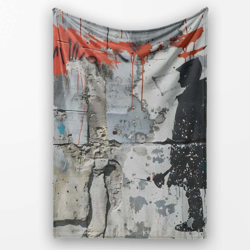 Hooded Child Silhouette on Grey Orange Graffiti, Bedroom Living Room Accent, All Season Comfort - Super Soft Fleece Blanket Bed Sofa Throw