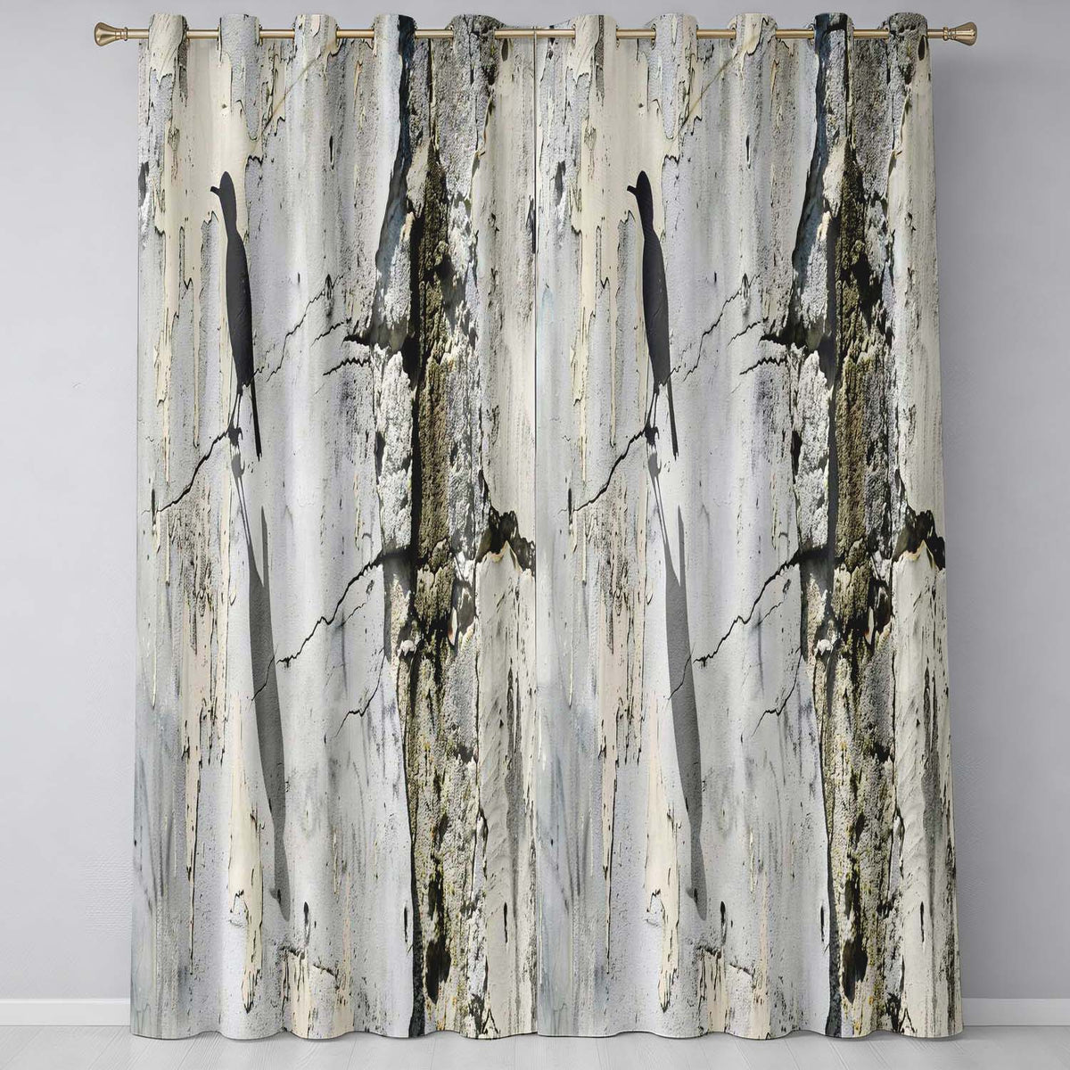 Black Bird Shadow on Cracked White Wall Vibrant Artwork for Modern Interior Decor Readymade Eyelet Ring Top Thermal 100% Blackout Curtains