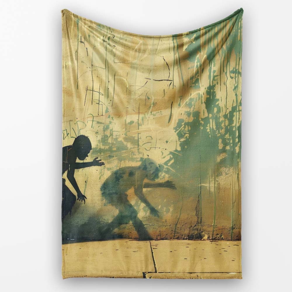 Boy Facing His Shadow Yellow Urban Graffiti, Bedroom Living Room Accent, Unique Artistic Design - Super Soft Fleece Blanket Bed Sofa Throw