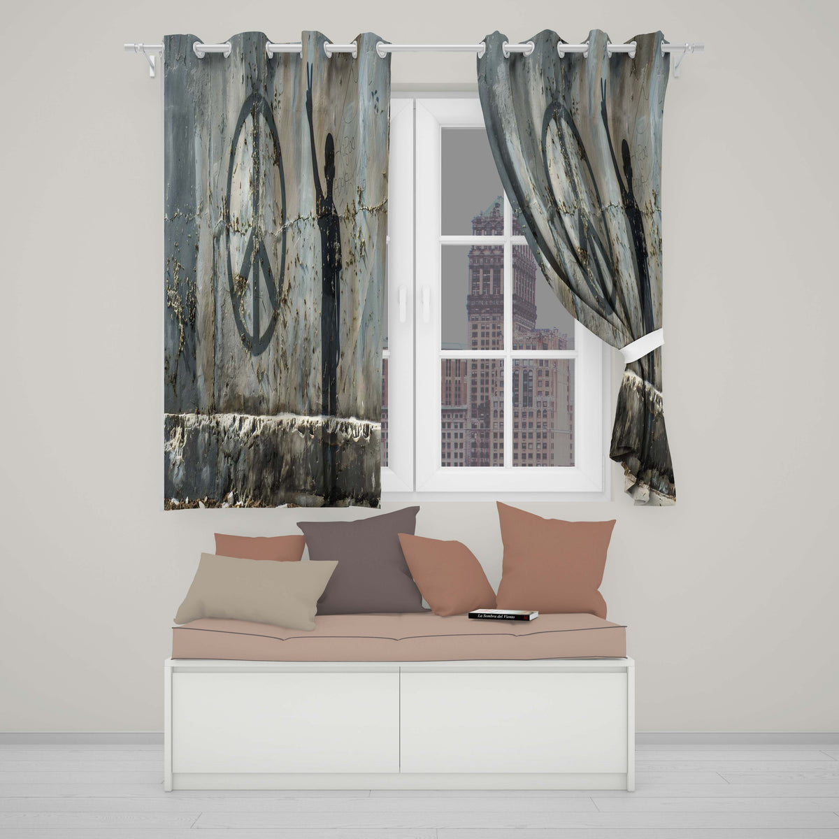 Peace Sign Child Silhouette Grey Street Art Unique Stylish Artwork for Home Decor Readymade Eyelet Ring Top Thermal 100% Blackout Curtains