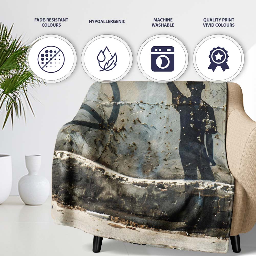 Peace Sign Child Silhouette Grey Street Art, Bedroom Living Room Accent, Unique Artistic Design - Super Soft Fleece Blanket Bed Sofa Throw